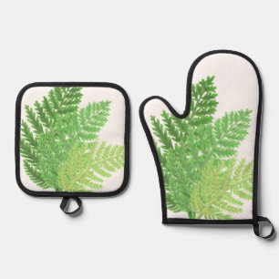 Elegant green watercolor ferns woodland leaves oven mitt & pot holder set