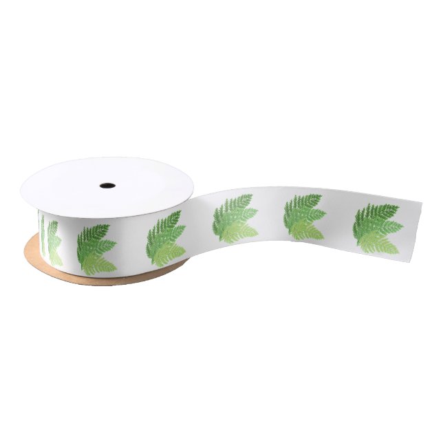 Elegant green watercolor ferns woodland leaves satin ribbon (Spool)