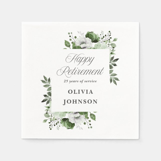 Elegant Green Watercolor Floral Retirement Party Napkin (Front)