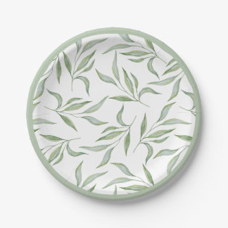 Elegant Green Watercolor Leaves Botanical Pattern Paper Plate