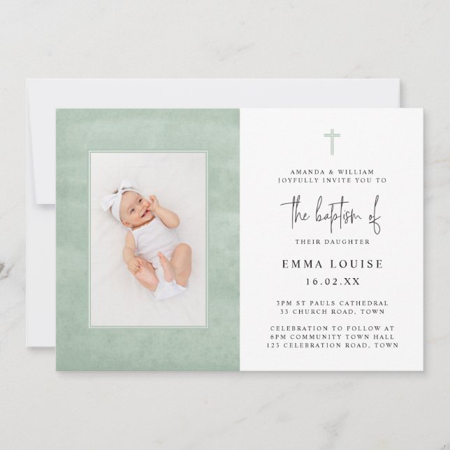 Elegant Green Watercolor Minimalist Photo Baptism  Invitation (Front)