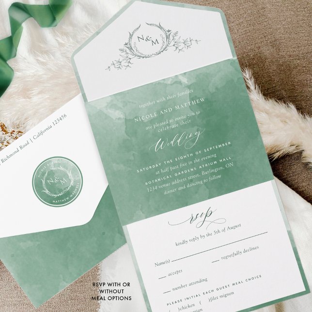 Elegant Green Watercolor Monogram Wedding All In O One Invitation (Creator Uploaded)