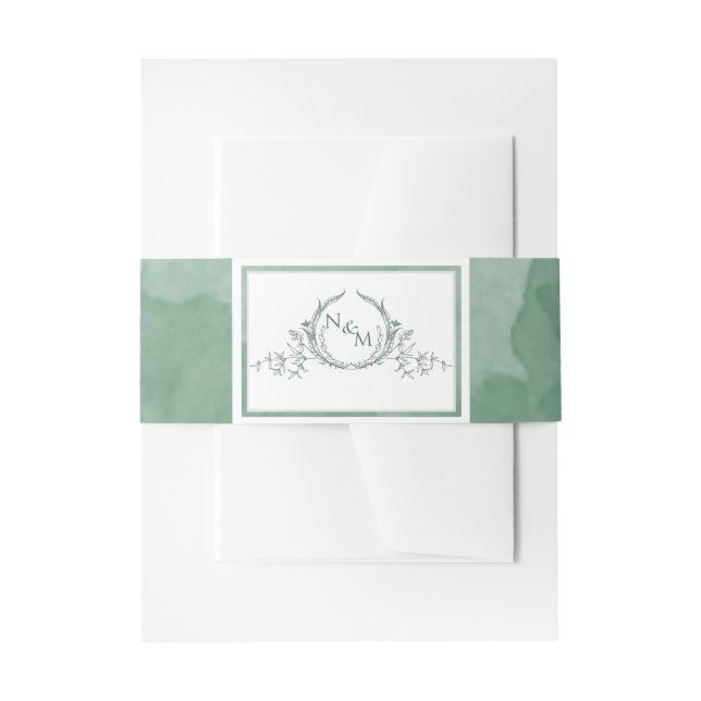 Elegant Green Watercolor, Monogram Wedding Invitation Belly Band (Front Example)