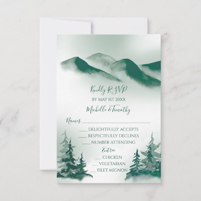 Elegant Green Watercolor Mountain Forest Rustic RSVP Card (Front)