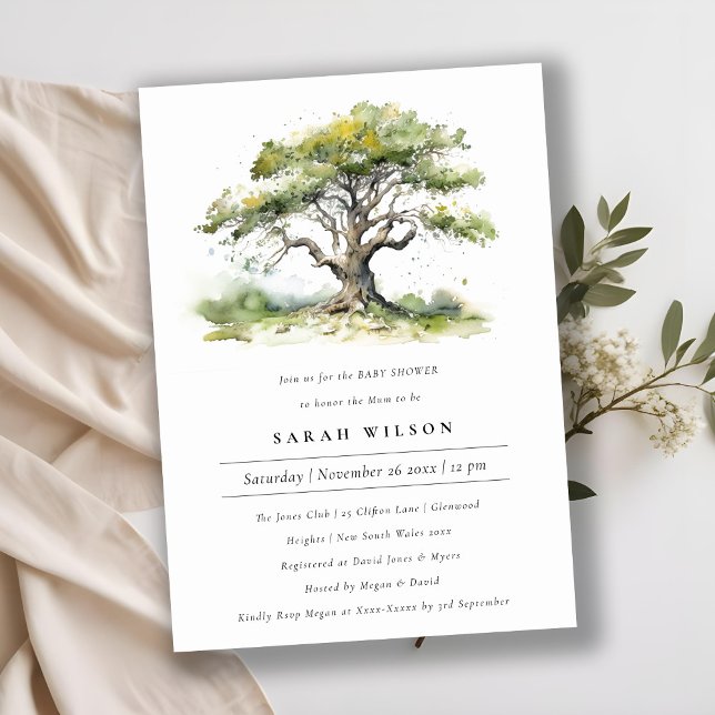 Elegant Green Watercolor Oak Tree Baby Shower Invitation (Creator Uploaded)