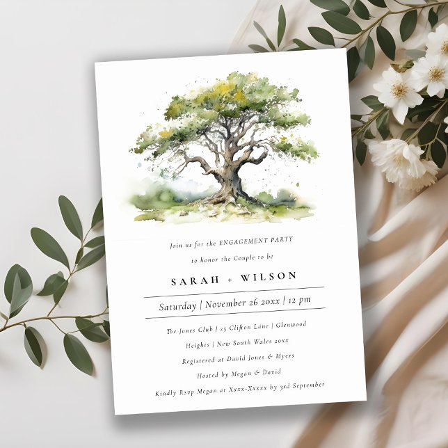 Elegant Green Watercolor Oak Tree Engagement Invitation (Creator Uploaded)