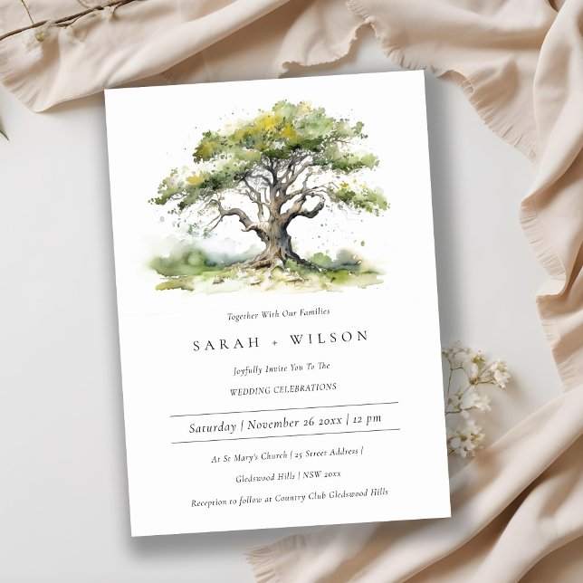 Elegant Green Watercolor Oak Tree Wedding Invitation (Creator Uploaded)