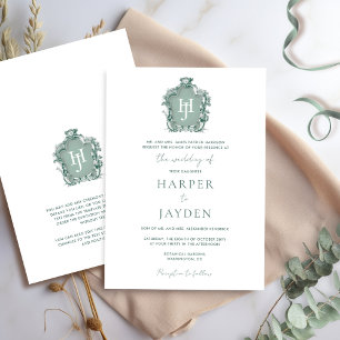 Elegant Green Watercolor Timeless Monogram Wedding Invitation