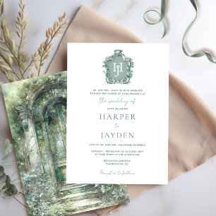Elegant Green Watercolor Timeless Monogram Wedding Invitation