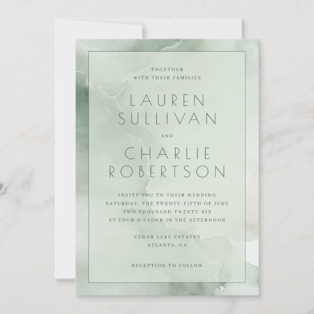 Elegant Green Watercolor Waves Invitation (Front)
