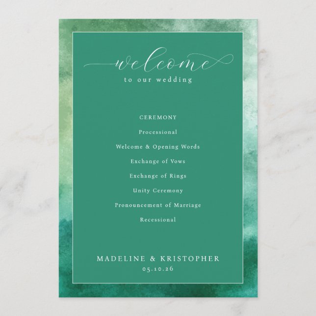 Elegant Green Watercolor Wedding Ceremony Program (Front)