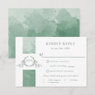 Elegant Green Watercolor Wedding Monogram RSVP Card