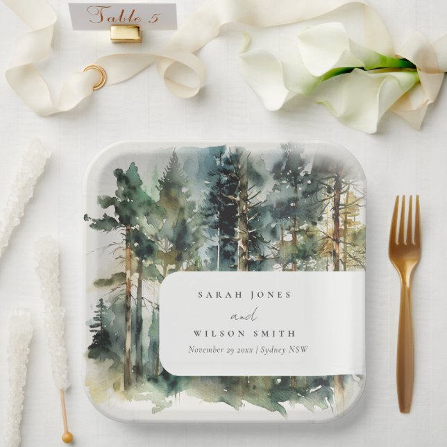 Elegant Green Watercolor Woodland Forest Wedding Paper Plate (Wedding)