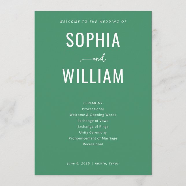 Elegant Green Wedding Ceremony Program (Front)