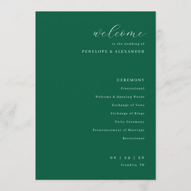 Elegant Green Wedding Ceremony Schedule Program (Front)