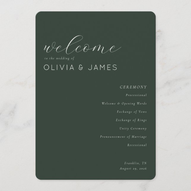 Elegant Green Wedding Ceremony Schedule Program (Front)