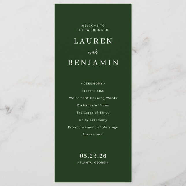 Elegant Green Wedding Ceremony Schedule Program (Front)
