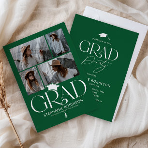 Elegant Green & White 4 Photo Graduation Party Invitation