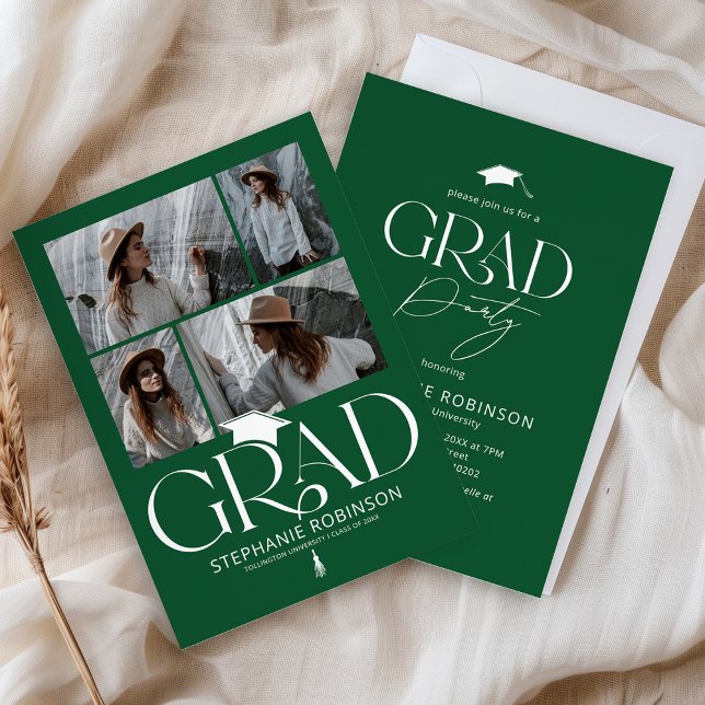 Elegant Green & White 4 Photo Graduation Party Invitation (Creator Uploaded)
