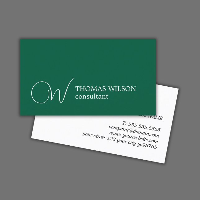 Elegant Green White Bold Monogram Consultant Business Card (Creator Uploaded)