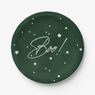 Elegant Green/White Boo! Halloween Party Paper Plate