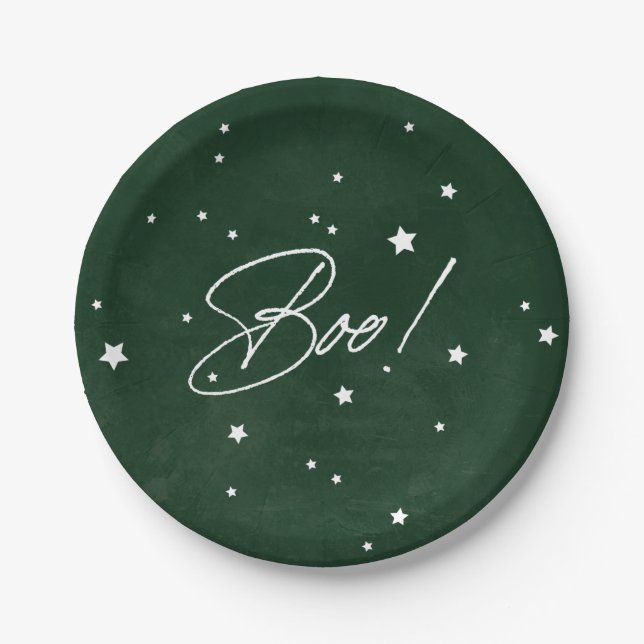 Elegant Green/White Boo! Halloween Party Paper Plate (Front)