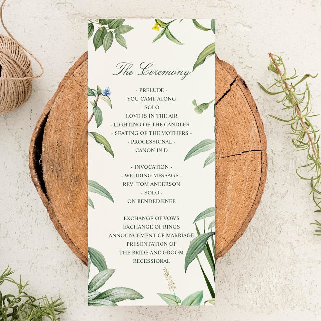 Elegant Green & White Botanical Leaves Wedding Program (Menu Mock-up)