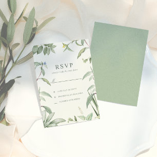 Elegant Green & White Botanical Leaves Wedding RSVP Card