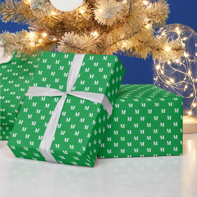 Elegant green white custom monogram initial letter wrapping paper (Holidays)