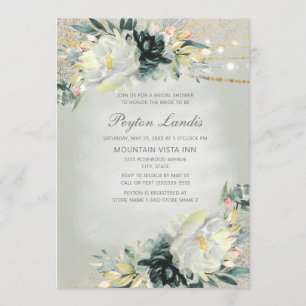 Elegant Green White Floral Gold Lights Bridal Invitation