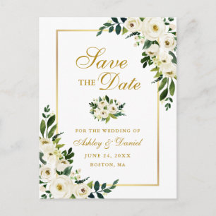 Elegant Green White Floral Gold Save the Date Announcement Postcard