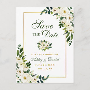 Elegant Green White Floral Save the Date Gold Announcement Postcard