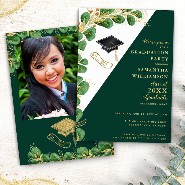 Elegant Green White Gold Class of 2025 Graduation Invitation (Creator Uploaded)