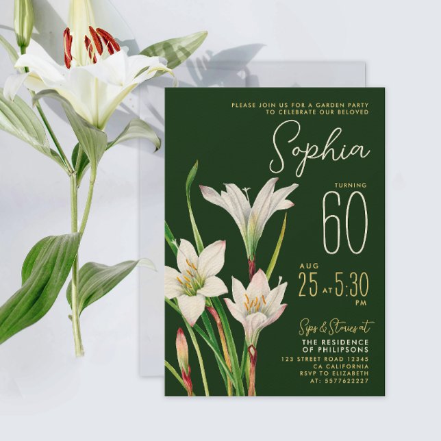 Elegant Green White Lily 60th Botanical Floral  Invitation (Creator Uploaded)