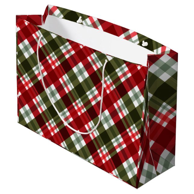Elegant green & white Red Plaid Rustic Christmas Large Gift Bag (Back Angled)