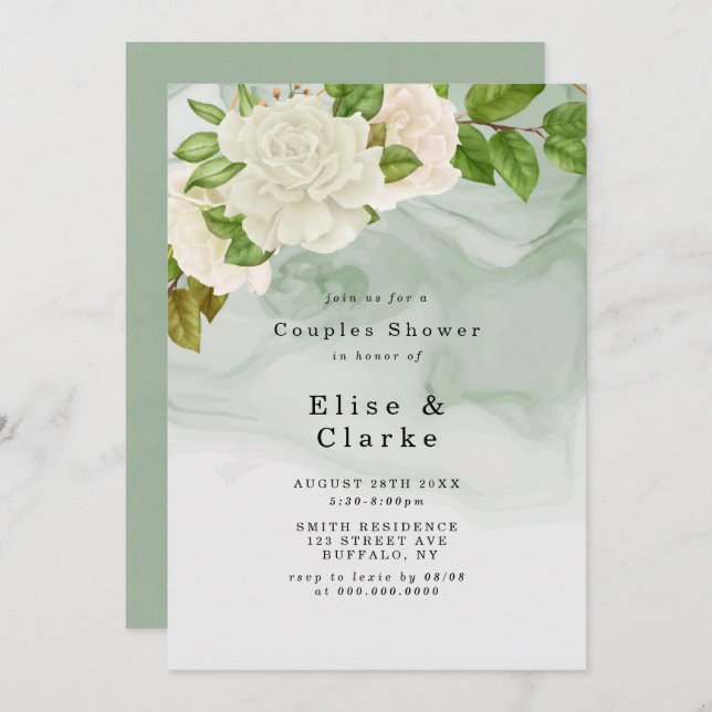 Elegant Green White Roses Couples Shower Invites (Front/Back)