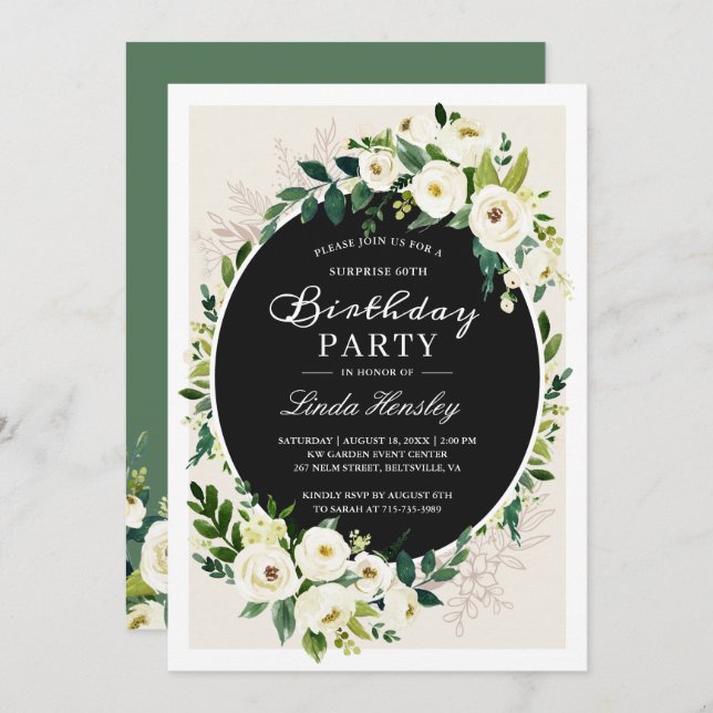 Elegant Green White Roses Floral Birthday Party Invitation (Front/Back)