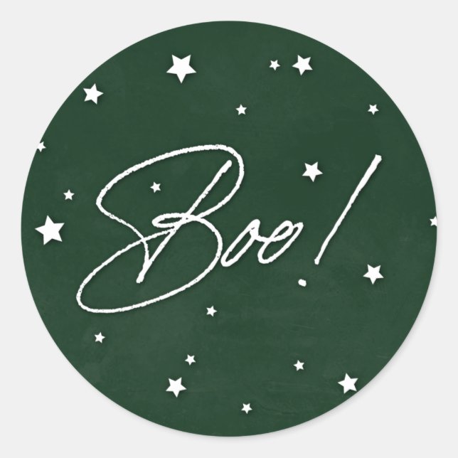 Elegant Green+White Scattered Stars Boo! Halloween Classic Round Sticker (Front)