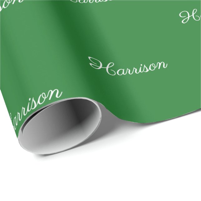 Elegant green white script custom name cute wrapping paper (Roll Corner)