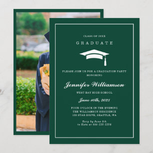 Elegant Green & White Script Graduation Photo Invitation