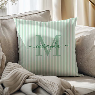 Elegant Green & White Stripes Monogram Name Cushion