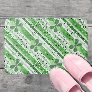 Elegant Green White Stripes Shamrock Glitter Bath Mat