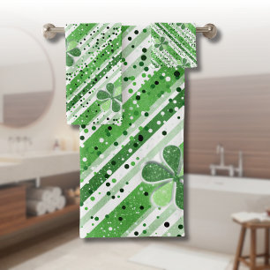 Elegant Green White Stripes Shamrock Glitter Bath Towel Set
