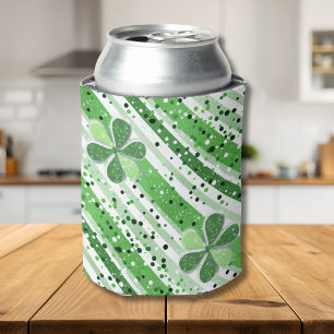 Elegant Green White Stripes Shamrock Glitter Can Cooler