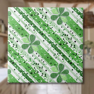 Elegant Green White Stripes Shamrock Glitter Ceramic Tile