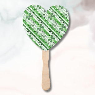 Elegant Green White Stripes Shamrock Glitter Hand Fan