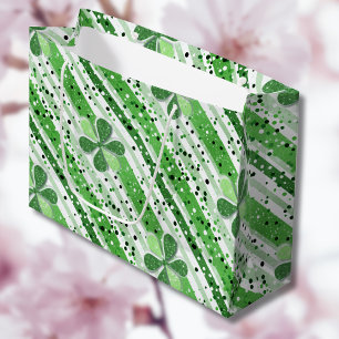 Elegant Green White Stripes Shamrock Glitter Large Gift Bag