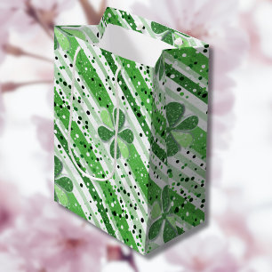 Elegant Green White Stripes Shamrock Glitter Medium Gift Bag