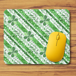 Elegant Green White Stripes Shamrock Glitter Mouse Pad