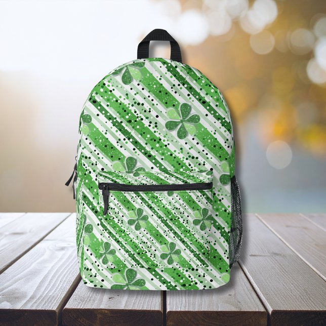 Elegant Green White Stripes Shamrock Glitter Printed Backpack (Creator Uploaded)